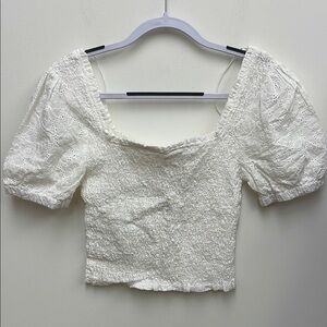 Q + A White Puff Sleeve Smocked Crop Blouse